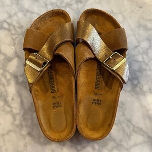 Birkenstock Tan and Metallic Gold Sandals